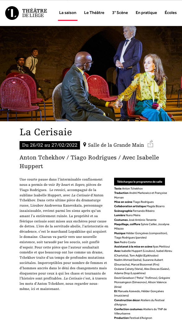 Page Internet. Théâtre de Liège. La Cerisaie. Anton Tchekhov - Tiago Rodrigues, avec Isabelle Huppert. 2022-02-26